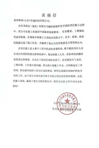 攻堅(jiān)克難顯擔(dān)當(dāng) 優(yōu)質(zhì)履約獲贊譽(yù)  ——欣格瑞承接的玖龍紙業(yè)堿回收鍋爐清洗項(xiàng)目獲客戶表揚(yáng)
